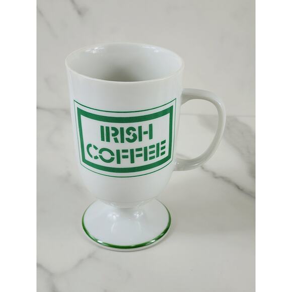 Irish Coffee Mug w/ Recipe Green Clover Pedestal 5" White Porcelain x2 Vintage - Picture 2 of 14